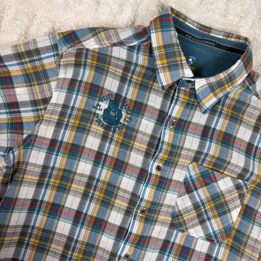 Kuhl Mens Large Plaid Organic Cotton Shirt Western States Endurance Run Graphic